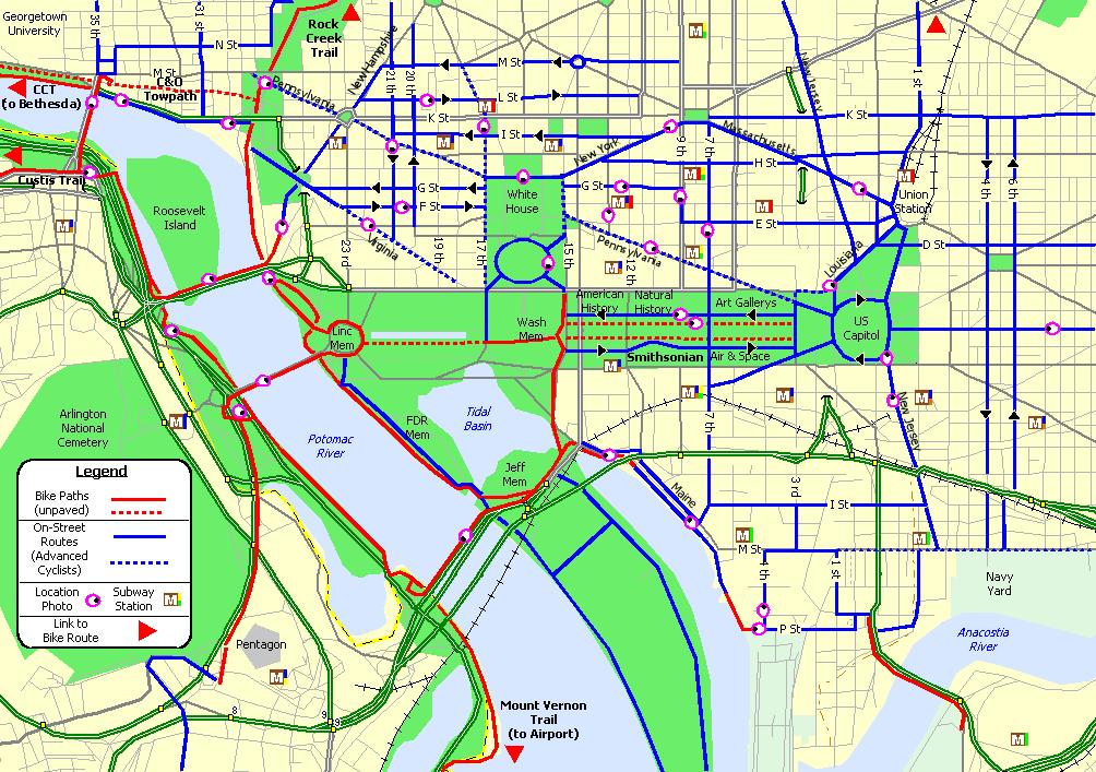 Map of Washington DC bike cycle routes and bike lane of Washington DC